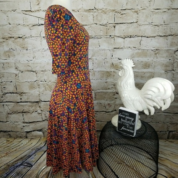 Lularoe Nicole Dress Midi Fit Flare Boho Tribal Geometric Elbow Sleeve Neutral S - Picture 3 of 8